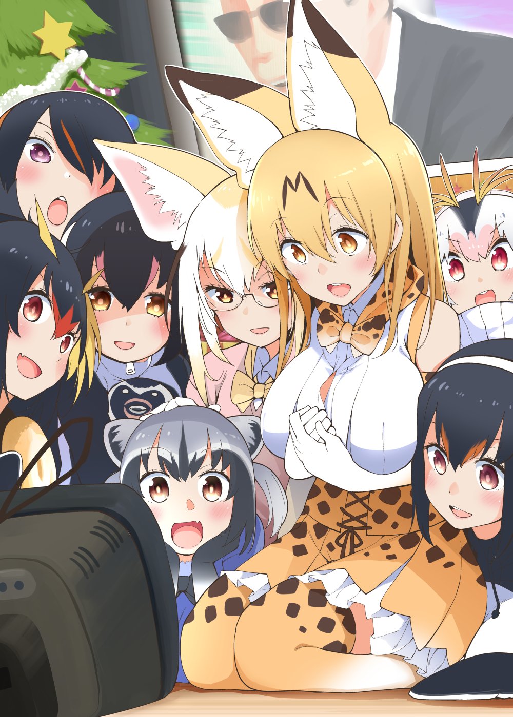 :d :o alternate_breast_size alternate_hair_length alternate_hairstyle animal_ear_fluff animal_ears antenna_hair bare_shoulders bespectacled black-framed_eyewear black_gloves black_hair blonde_hair blush bow bowtie breasts brown_eyes button_gap collared_shirt commentary_request common_raccoon_(kemono_friends) crt elbow_gloves emperor_penguin_(kemono_friends) eyebrows_visible_through_hair fang fennec_(kemono_friends) fox_ears gentoo_penguin_(kemono_friends) glasses gloves grey_hair hair_between_eyes hairband hayashi_(l8poushou) high-waist_skirt highres humboldt_penguin_(kemono_friends) kemono_friends large_breasts lips long_hair multicolored_hair multiple_girls older open_mouth orange_eyes orange_hair orange_neckwear orange_skirt own_hands_together pink_lips pink_sweater pleated_skirt purple_eyes raccoon_ears red_eyes rockhopper_penguin_(kemono_friends) round_teeth royal_penguin_(kemono_friends) seiza semi-rimless_eyewear serval_(kemono_friends) serval_ears serval_print shirt short_hair sitting skirt sleeveless sleeveless_shirt smile streaked_hair sweater teeth television thighhighs under-rim_eyewear white_gloves white_hair wing_collar