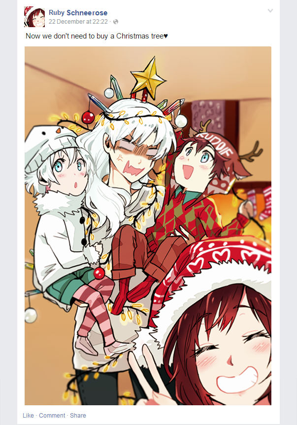 alternate_universe angry child christmas couple facebook family hat if_they_mated ips_cells kuma_(bloodycolor) mother_and_daughter multiple_girls ruby_rose rwby salute santa_hat stress two-finger_salute v weiss_schnee wife_and_wife yuri