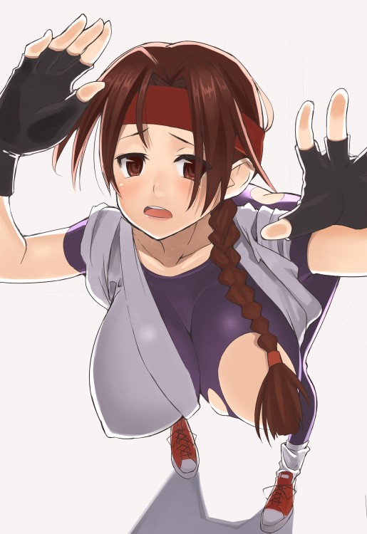 breasts brown_eyes brown_hair convenient_censoring dougi fingerless_gloves gloves hair_censor hair_over_breasts hanging_breasts headband huge_breasts long_hair nagase_haruhito ryuuko_no_ken shoes snk socks solo spandex standing the_king_of_fighters torn_clothes yuri_sakazaki