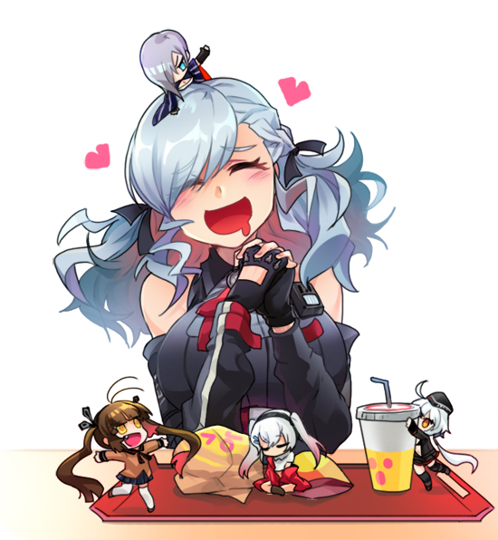 ^_^ blush brown_hair c96_(girls_frontline) chibi chibi_on_head closed_eyes cup detached_sleeves disposable_cup fast_food fingerless_gloves food girls_frontline gloves hamburger long_hair lwmmg_(girls_frontline) m14_(girls_frontline) menpo mg5_(girls_frontline) multiple_girls on_head saliva silver_hair smile spas-12_(girls_frontline) twintails