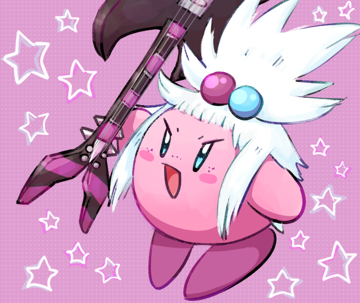 1boy blue_eyes blush_stickers crossover guitar gym_leader hair_bobbles hair_ornament homika_(pokemon) homika_(pokemon)_(cosplay) kirby kirby_(series) male nintendo open_mouth pokemon pokemon_bw2 solo topknot white_hair