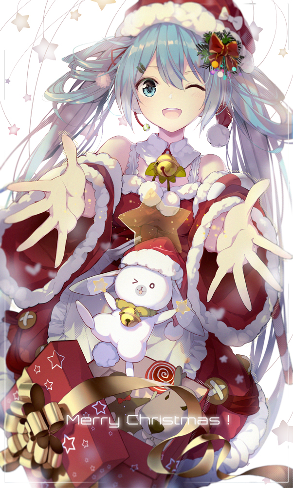 &gt;_o ;d apron aqua_eyes aqua_hair bell blush bow box bunny candy christmas detached_collar detached_sleeves dress food fur-trimmed_dress fur-trimmed_sleeves fur_trim gift gift_box hair_bow hair_ornament hairclip hat hat_bow hatsune_miku jingle_bell lf lollipop long_hair long_sleeves looking_at_viewer md5_mismatch merry_christmas one_eye_closed open_mouth outstretched_arms pom_pom_(clothes) red_bow red_dress red_hat revision round_teeth santa_costume santa_hat simple_background smile spread_fingers star tareme teeth twintails very_long_hair vocaloid white_apron white_background white_bow wide_sleeves yukine_(vocaloid)