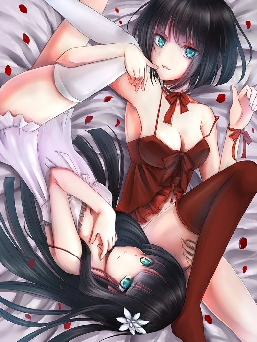 babydoll bed black_hair blue_eyes check_commentary commentary commentary_request dress flower hair_flower hair_ornament lingerie melanie_malachite miltiades_malachite multiple_girls red_dress rwby sava_10rwby siblings single_thighhigh sisters thighhighs twins underwear white_dress