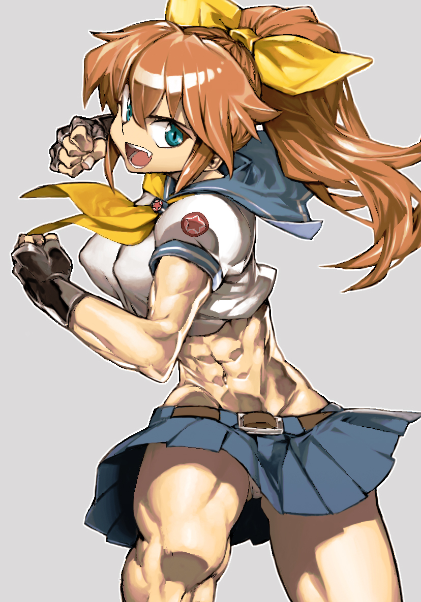 1girl belt black_gloves blue_eyes blue_skirt borrowed_character bow brown_hair cowboy_shot fang fingerless_gloves gloves grey_panties hairbow long_hair m.u.g.e.n midriff muscle navel open_mouth original panties pantyshot pantyshot_(standing) pleated_skirt ponytail ryuuko_(oggy) school_uniform serafuku solo tagme ysk!