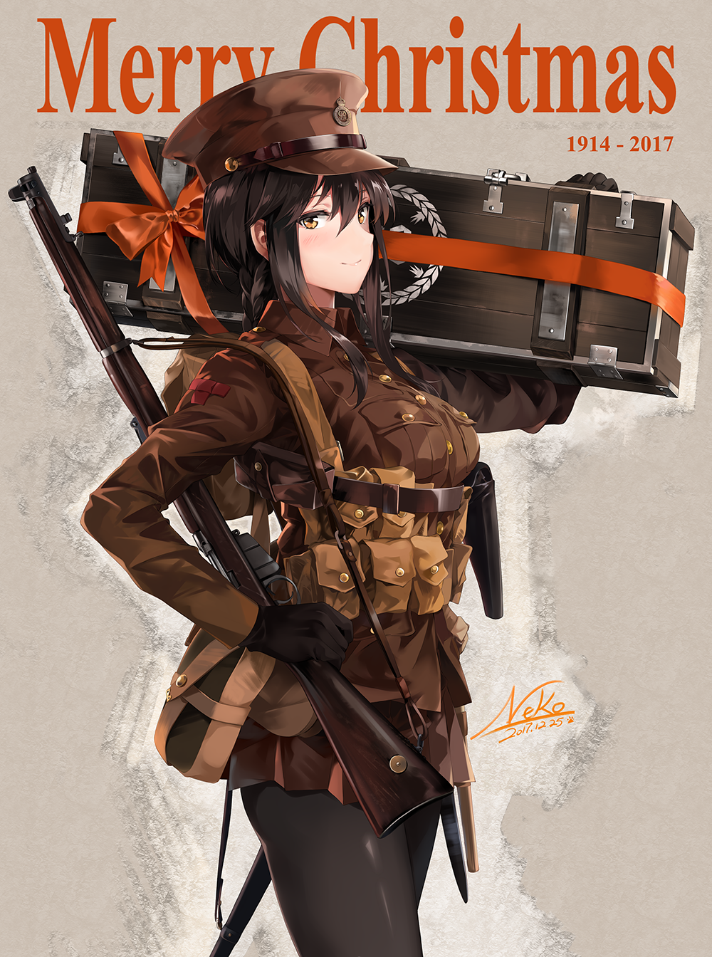 arm_up artist_name bangs battlefield_(series) battlefield_1 black_gloves black_hair black_legwear blush braid breast_pocket breasts british_army brown_hat brown_jacket brown_skirt buttons carrying_over_shoulder closed_mouth commentary_request cowboy_shot dated from_side gloves gun hair_between_eyes hat highres holding holding_gun holding_weapon jacket lee-enfield long_hair long_sleeves looking_at_viewer looking_to_the_side medium_breasts merry_christmas military military_uniform miniskirt neko_(yanshoujie) orange_eyes original over_shoulder pantyhose peaked_cap pocket red_ribbon ribbon rifle single_braid skirt sling smile solo standing uniform weapon weapon_bag world_war_i