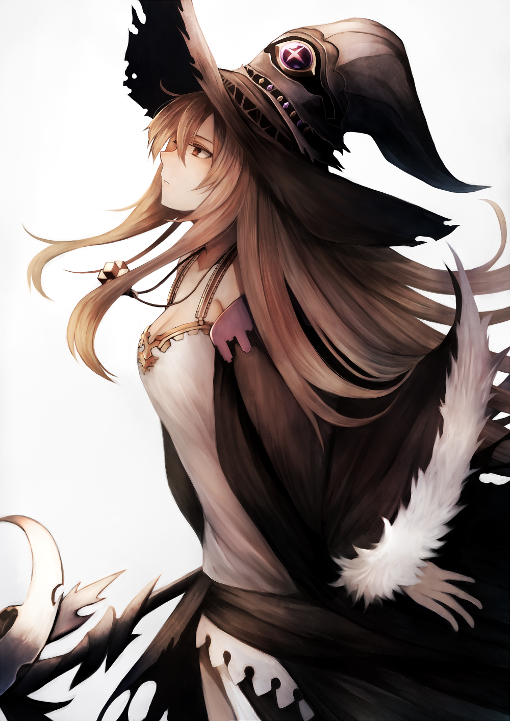 bangs blonde_hair breasts cleavage closed_mouth commentary_request cowboy_shot dorothy_(shingeki_no_bahamut) dress fur_trim grey_background hair_between_eyes hat highres inaba_sunimi jewelry long_hair looking_up medium_breasts necklace profile red_eyes shadowverse shingeki_no_bahamut solo source_request standing white_dress witch_hat