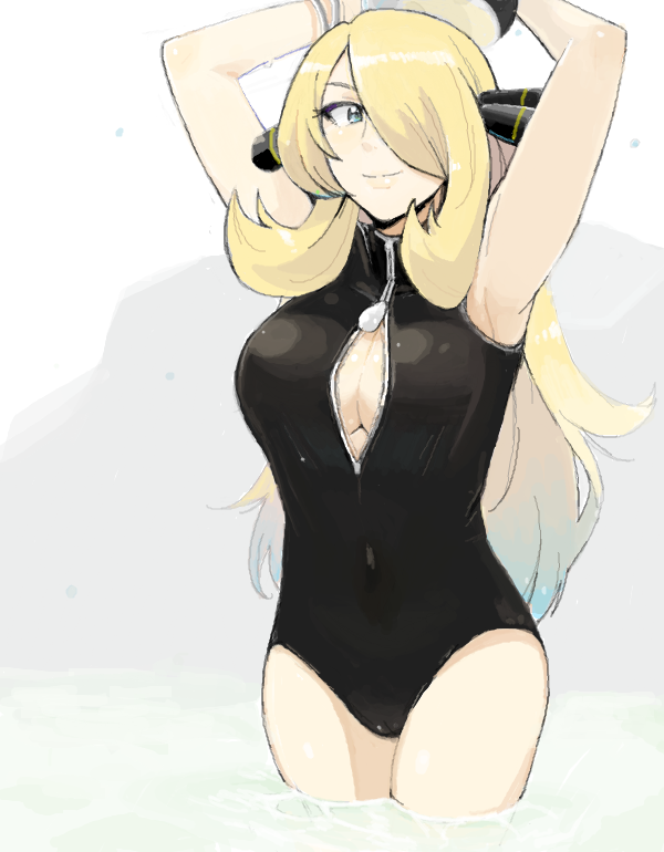 1girl armpits arms_up ball beachball black_swimsuit blonde_hair blue_eyes breasts cameltoe center_opening cleavage cleavage_cutout closed_mouth cowboy_shot front_zipper_swimsuit hair_ornament hair_over_one_eye holding holding_ball lips long_hair looking_at_viewer meme_attire momogesomaru one-piece_swimsuit partially_submerged pokemon pokemon_(game) pokemon_dppt shirona_(pokemon) sleeveless smile solo standing swimsuit unzipped water wristband zipper