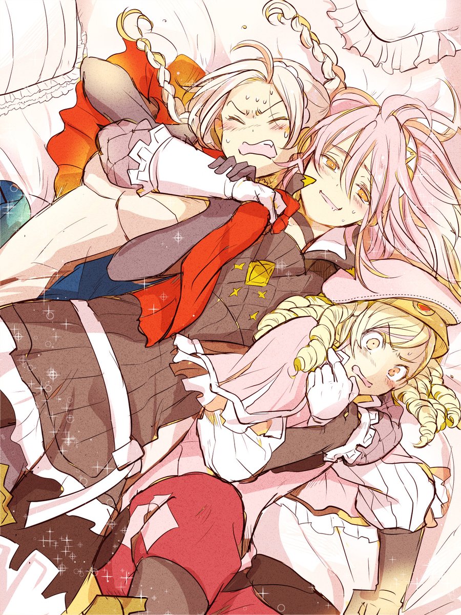 2girls beret blonde_hair blush braid closed_eyes drill_hair eponine_(fire_emblem_if) fire_emblem fire_emblem_if foleo_(fire_emblem_if) gloves hairband hat highres long_hair multiple_girls open_mouth pillow pink_hair soleil_(fire_emblem_if) sparkle torisudesu twin_braids white_hair yellow_eyes