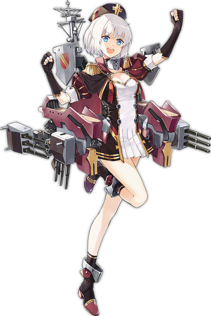 :d azur_lane bangs beret black_gloves black_hat blue_eyes breasts cleavage clenched_hands dress elbow_gloves epaulettes eyebrows eyebrows_visible_through_hair fingerless_gloves full_body gloves hao_(patinnko) hat karlsruhe_(azur_lane) leg_up machinery medium_breasts official_art open_mouth pleated_dress puffy_short_sleeves puffy_sleeves remodel_(azur_lane) short_dress short_hair short_sleeves smile solo standing standing_on_one_leg tachi-e teeth transparent_background turret white_hair