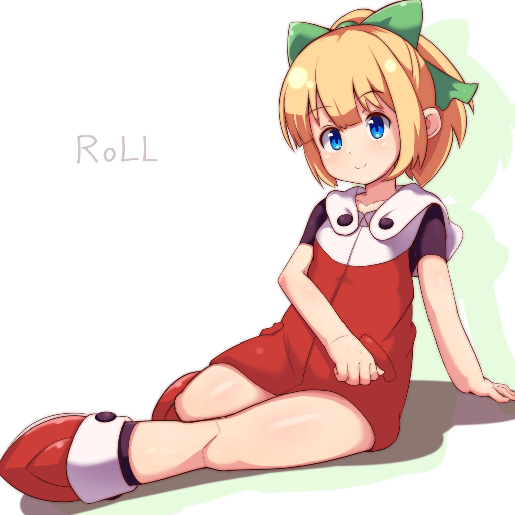 bangs black_legwear blonde_hair blue_eyes blunt_bangs blush bow character_name closed_mouth collarbone commentary_request dress eyebrows_visible_through_hair flat_chest full_body green_bow hair_bow hard head_tilt hooded_dress looking_at_viewer ponytail red_dress red_footwear rockman rockman_11 roll shadow shoes short_sleeves sidelocks smile socks solo white_background zipper