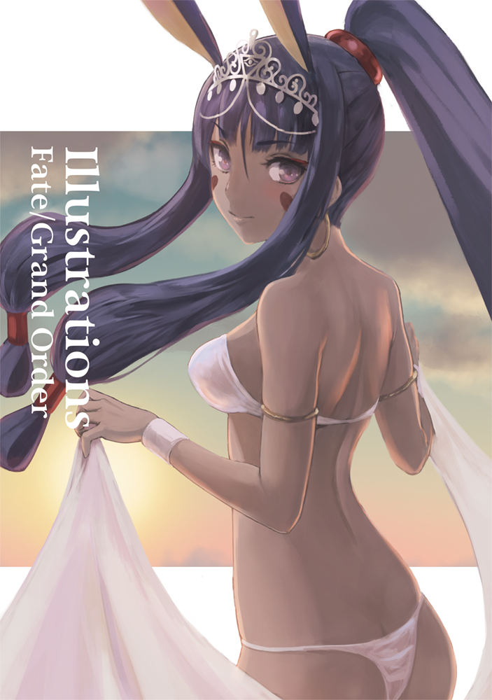 armlet ass bangs bare_arms bare_shoulders bikini blunt_bangs blush breasts cloud copyright_name cowboy_shot dark_skin eyebrows_visible_through_hair facial_mark fate/grand_order fate_(series) from_behind holding kotanu_(kotanukiya) long_hair looking_at_viewer looking_back medium_breasts nitocris_(fate/grand_order) outside_border purple_eyes purple_hair shawl sidelocks solo standing swimsuit tiara very_long_hair white_bikini wristband