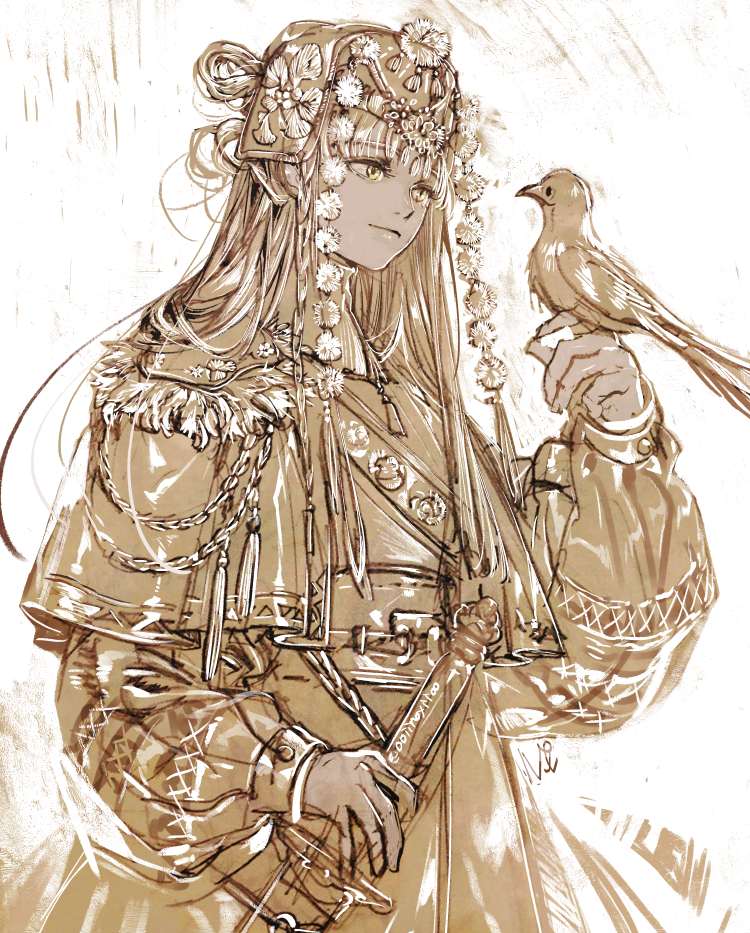 bird bird_on_hand capelet chain commentary_request dark_skin hand_up headdress holding holding_sword holding_weapon light_smile lips long_hair long_sleeves monochrome oollnoxlloo original puffy_long_sleeves puffy_sleeves scabbard sepia sheath sketch solo spot_color sword tassel upper_body weapon yellow_eyes