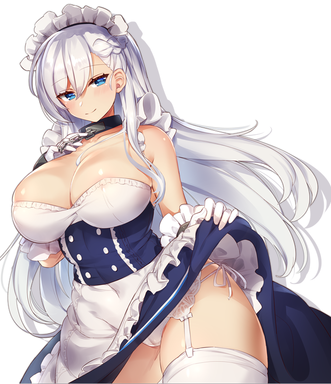 apron azur_lane bangs belfast_(azur_lane) bird blue_dress blue_eyes braid breasts cameltoe chain cleavage collar collarbone commentary_request dress dress_lift eyebrows_visible_through_hair french_braid frills garter_belt gloves hair_between_eyes hips large_breasts long_hair looking_at_viewer maid_apron maid_headdress panties shadow shiny shiny_skin side-tie_panties simple_background smile thighhighs underwear white_background white_gloves white_hair white_legwear white_panties yamaarashi