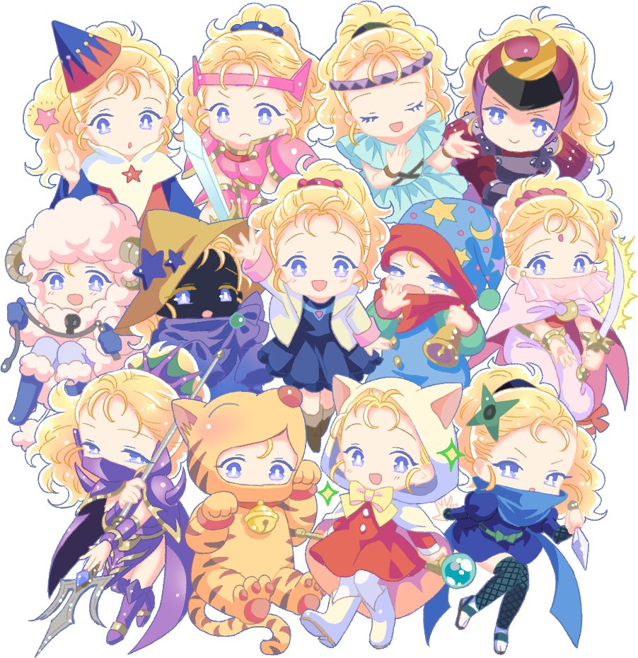 6+girls :d :o animal_costume animal_hood aqua_legwear arabian_clothes arm_up armor bard_(final_fantasy) beastmaster_(final_fantasy) bell bell_collar berserker_(final_fantasy) black_mage blonde_hair blue_dress blue_eyes blue_footwear blue_hat boots bow bracelet bright_pupils brown_footwear brown_hat cat_costume cat_hood chibi closed_mouth collar crescent dragoon_(final_fantasy) dress eyes_closed face_mask final_fantasy final_fantasy_v fishnet_legwear fishnets forehead_jewel frown geomancer_(final_fantasy) green_bow hat hat_ornament headband helmet holding holding_staff holding_sword holding_weapon holding_whip hood horns jacket japanese_armor jewelry jingle_bell knees_together_feet_apart knight_(final_fantasy) krile_mayer_baldesion kunai long_hair looking_at_viewer mask multiple_girls multiple_persona mystic_knight nightcap ninja_(final_fantasy) no_nose open_clothes open_hood open_jacket open_mouth pantyhose pauldrons paw_pose pink_armor polearm ponytail purple_armor red_collar red_dress saber_(weapon) samurai_(final_fantasy) see-through sheep_costume sheep_horns shuriken simple_background skull sleeves_past_fingers sleeves_past_wrists smile sparkle spikes staff star sword takatora thighhighs time_mage trident v-shaped_eyebrows wavy_hair weapon whip white_background white_footwear white_jacket white_legwear white_mage white_pupils wizard_hat yawning yellow_bow