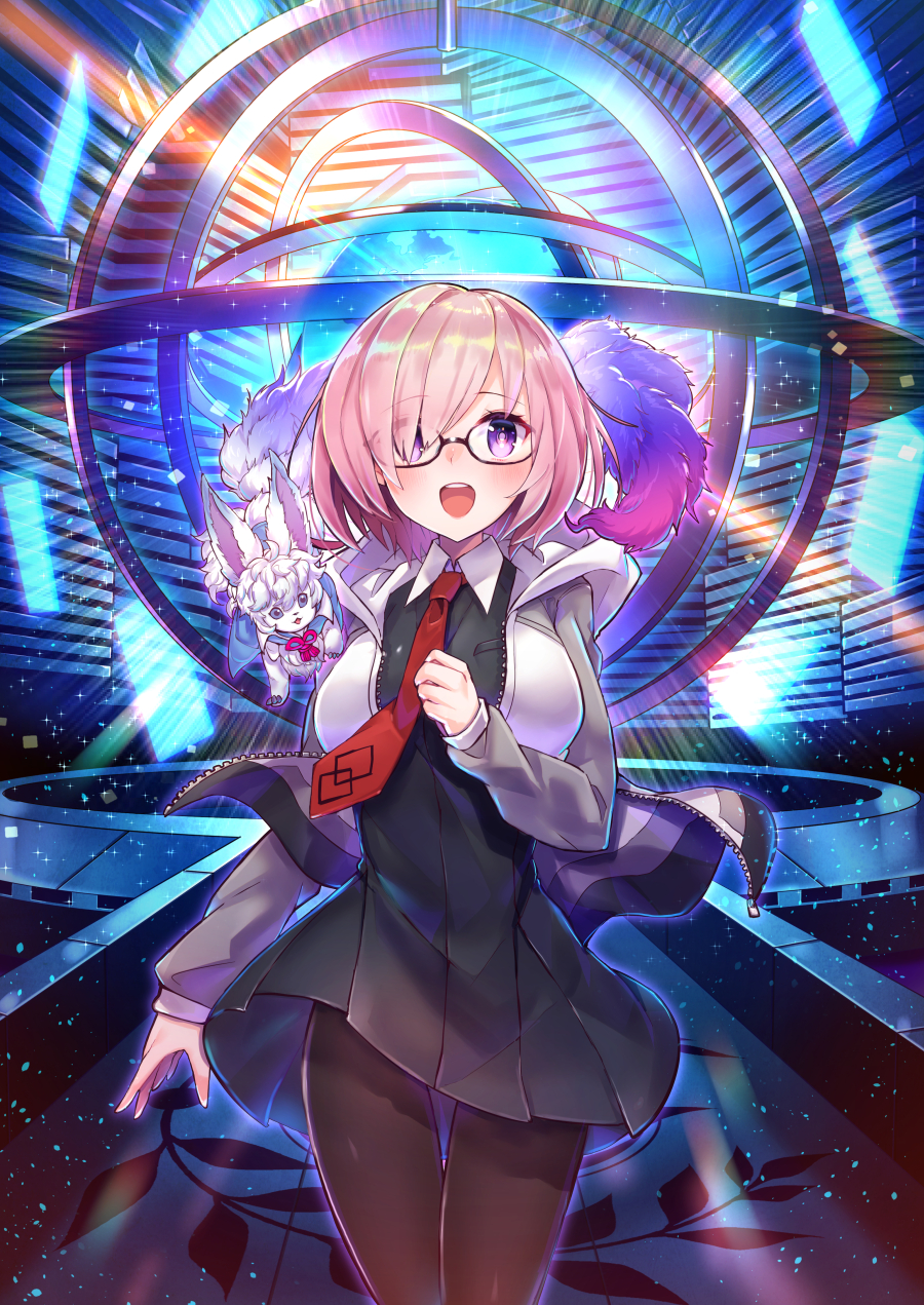 :d bangs black-framed_eyewear black_dress black_legwear blush breasts collared_dress creature dress eyebrows_visible_through_hair eyes_visible_through_hair eyewear_visible_through_hair fate/grand_order fate_(series) fou_(fate/grand_order) glasses grey_hoodie hand_up highres hood hoodie large_breasts light_rays long_sleeves looking_at_viewer mash_kyrielight necktie open_clothes open_hoodie open_mouth pantyhose pink_hair pleated_dress purple_eyes rainbow red_neckwear round_teeth shiny shiny_hair short_dress short_hair smile sparkle standing swept_bangs teeth thigh_gap toshi_gahara unzipped zipper