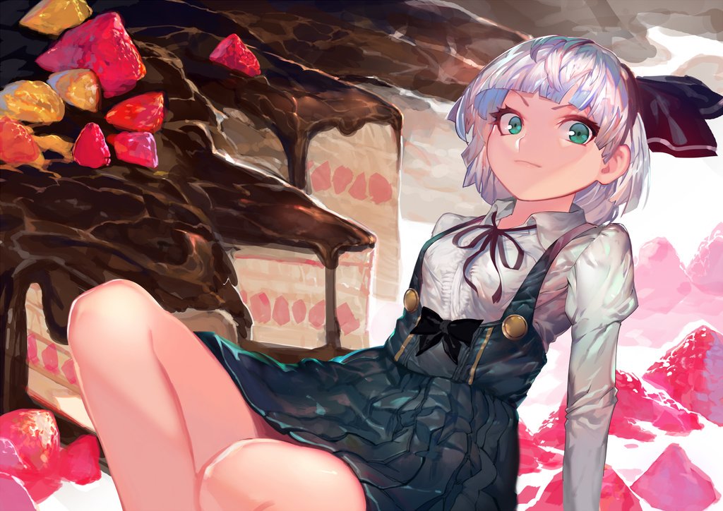 bangs black_ribbon blunt_bangs cake chocolate closed_mouth commentary_request food fruit green_hair hair_ribbon knees_up konpaku_youmu long_sleeves looking_at_viewer neck_ribbon onion_(onion_and_pi-natto) ribbon short_hair silver_hair sitting skirt solo strawberry suspender_skirt suspenders touhou wing_collar