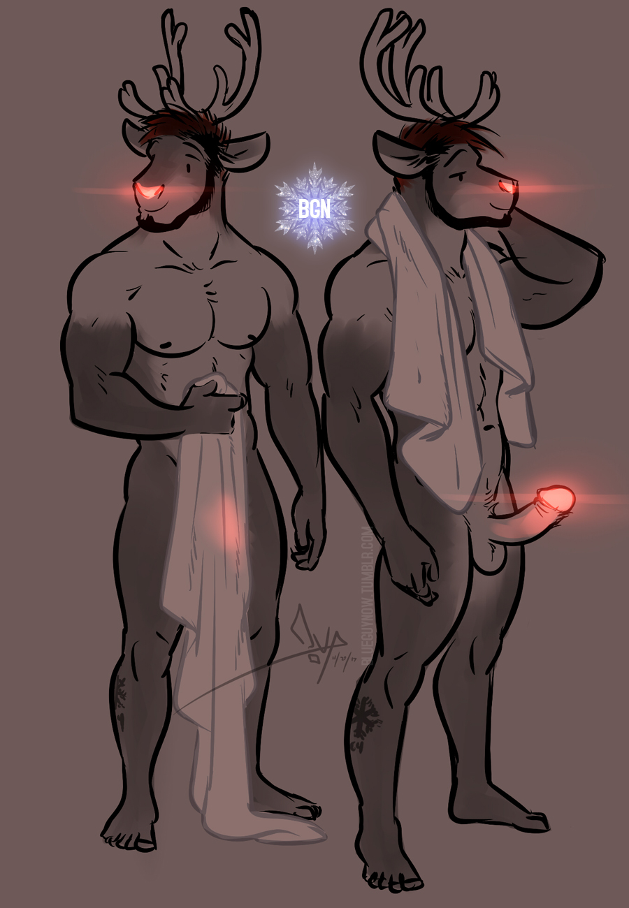 2017 anthro antlers balls bgn cervine erection facial_hair glowing glowing_nose glowing_penis horn humanoid_penis male mammal multiple_poses muscular muscular_male nude penis pose red_nose reindeer rudolph_the_red_nosed_reindeer solo standing tattoo towel