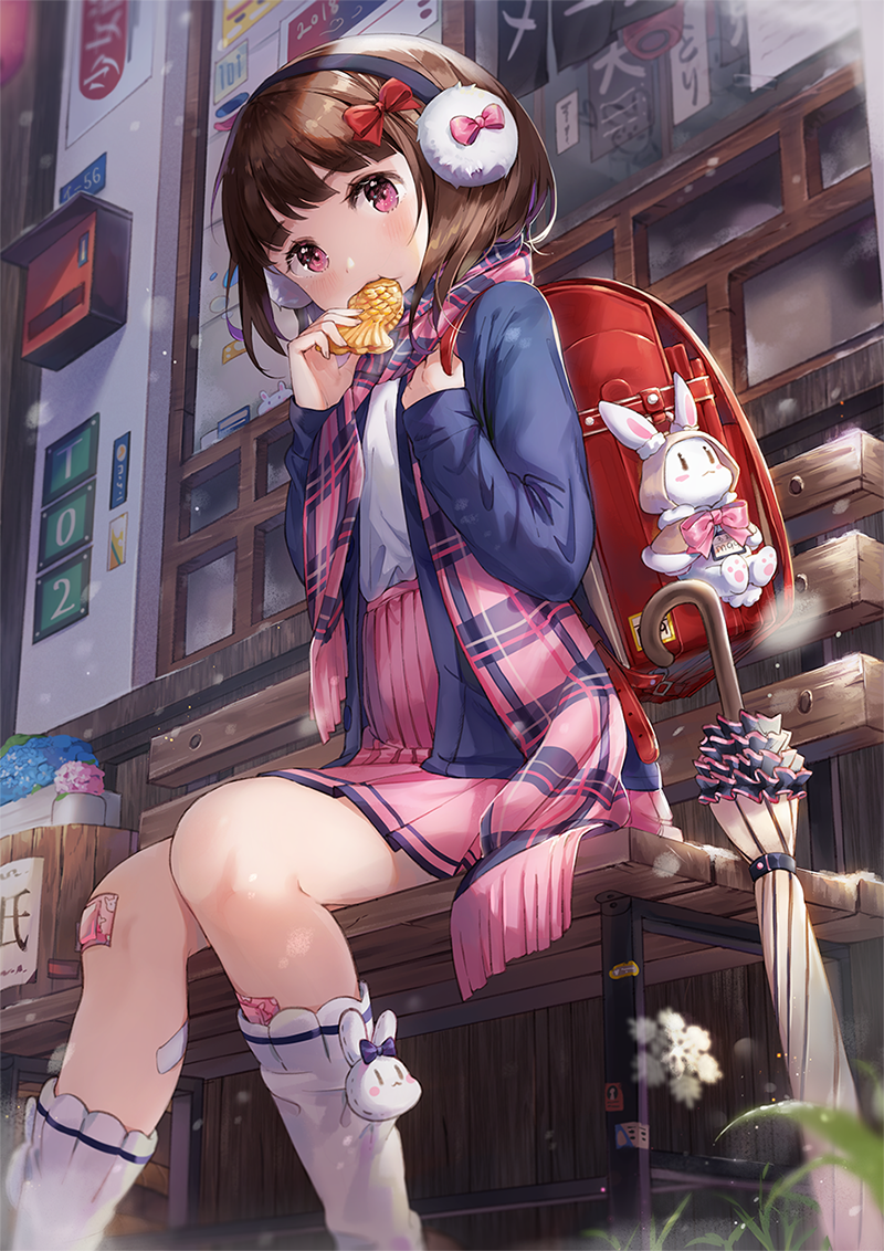 backpack bag bag_charm bandaid bangs bench blue_flower blue_jacket blurry blush bow brown_hair charm_(object) cherim commentary_request day depth_of_field earmuffs eating eyebrows_visible_through_hair feet_out_of_frame flower food food_in_mouth fringe_trim from_below girls_frontline grass hair_bow hands_up holding holding_food holding_strap jacket long_sleeves looking_at_viewer m99_(girls_frontline) motion_blur outdoors pink_bow pink_eyes pink_flower pink_scarf pink_skirt plaid plaid_scarf plant pleated_skirt potted_plant red_bow scarf shiny shiny_hair shirt short_hair sitting skirt snowflakes snowing solo stuffed_animal stuffed_bunny stuffed_toy taiyaki umbrella wagashi wavy_mouth white_footwear white_legwear white_shirt