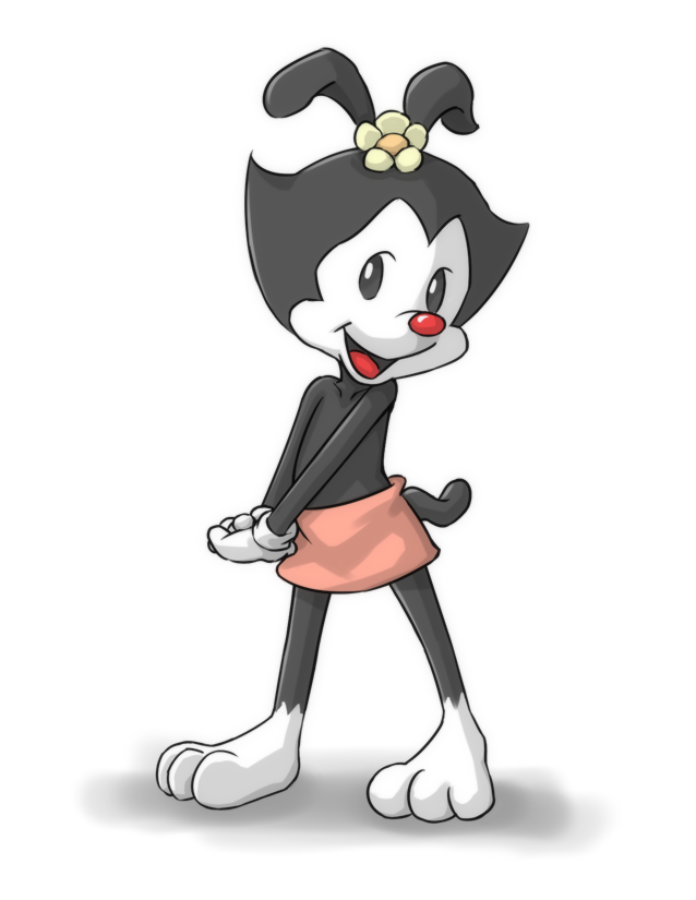 animaniacs anthro black_fur clothing dot_warner female flower fur gloves hands_together looking_at_viewer mammal open_mouth open_smile plant red_nose sakuramoto simple_background skirt smile solo tongue warner_brothers white_fur