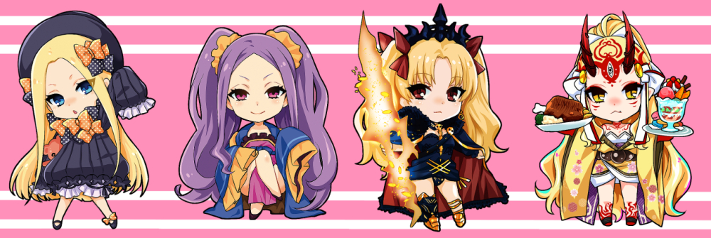 abigail_williams_(fate/grand_order) black_legwear blonde_hair blue_eyes blush boned_meat cape chibi chinese_clothes crossed_legs crown dress earrings ereshkigal_(fate/grand_order) fang_out fate/grand_order fate_(series) food hanfu hat hizuki_mai holding holding_weapon horns ibaraki_douji_(fate/grand_order) japanese_clothes jewelry kimono long_hair looking_at_viewer meat multiple_girls oni parfait plate purple_eyes purple_hair single_thighhigh sleeves_past_fingers sleeves_past_wrists smile tattoo thighhighs two_side_up very_long_hair weapon wu_zetian_(fate/grand_order) yellow_eyes