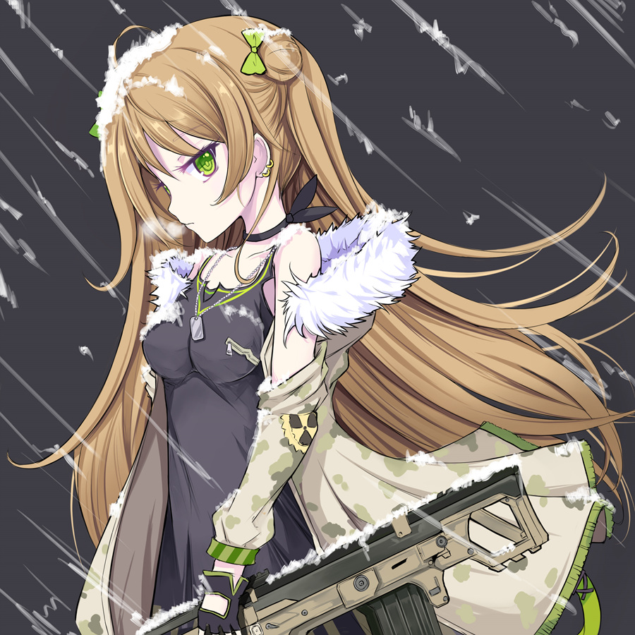 ahoge assault_rifle bangs black_gloves blush bow breasts brown_hair bullpup choker closed_mouth collarbone commentary dog_tags double_bun dress earrings expressionless eyebrows_visible_through_hair fingerless_gloves floating_hair fur-trimmed_jacket fur_trim girls_frontline gloves green_eyes gun hair_bow heavy_breathing holding holding_gun holding_weapon jacket jewelry kel-tec kel-tec_rfb long_hair looking_at_viewer medium_breasts multiple_earrings necklace off_shoulder rfb_(girls_frontline) rifle smile snow snow_on_body snow_on_head solo vils weapon wind wind_lift