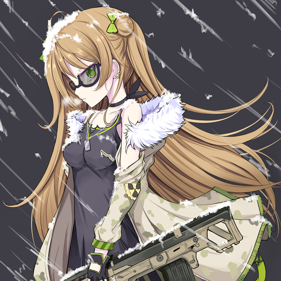 ahoge assault_rifle bangs black_gloves blush bow breasts brown_hair bullpup choker closed_mouth collarbone dog_tags double_bun dress earrings expressionless eyebrows_visible_through_hair fingerless_gloves floating_hair fur-trimmed_jacket fur_trim girls_frontline glasses gloves green_eyes gun hair_bow heavy_breathing holding holding_gun holding_weapon jacket jewelry kel-tec kel-tec_rfb long_hair looking_at_viewer medium_breasts multiple_earrings necklace off_shoulder rfb_(girls_frontline) rifle semi-rimless_eyewear smile snow snow_on_body snow_on_head solo vils weapon wind wind_lift