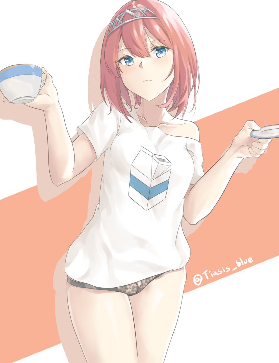 ark_royal_(kantai_collection) bangs black_panties blue_eyes blush closed_mouth collarbone cowboy_shot cup eyebrows_visible_through_hair floral_print hairband holding holding_cup kantai_collection legs_apart looking_at_viewer no_pants off_shoulder panties print_panties print_shirt red_hair saucer shirt short_hair short_sleeves smile solo standing teacup thighs tiasis twitter_username two-tone_background underwear w_arms white_shirt