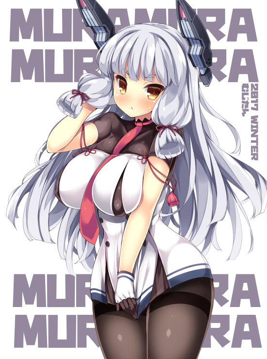 :&lt; akikaze_tsumuji alternate_breast_size bangs between_breasts black_legwear blunt_bangs blush breasts brown_eyes closed_mouth covered_nipples cowboy_shot double-breasted dress dress_tug eyebrows_visible_through_hair gloves hand_in_hair hand_up headgear impossible_clothes impossible_shirt kantai_collection large_breasts long_hair looking_at_viewer murakumo_(kantai_collection) necktie necktie_between_breasts nose_blush pantyhose red_neckwear remodel_(kantai_collection) shirt short_dress short_sleeves sidelocks silver_hair solo standing straight_hair strapless strapless_dress tassel thighband_pantyhose very_long_hair white_dress white_gloves