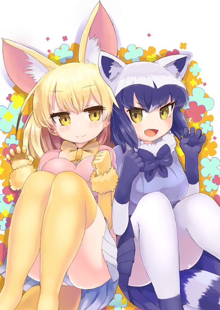:d animal_ears black_gloves black_hair black_neckwear black_skirt blonde_hair bow bowtie commentary_request common_raccoon_(kemono_friends) extra_ears eyebrows_visible_through_hair fang fennec_(kemono_friends) fox_ears fox_tail fur_collar gloves grey_hair kemono_friends miniskirt multicolored_hair multiple_girls open_mouth panties pantyhose pantyshot pantyshot_(sitting) pleated_skirt raccoon_ears raccoon_tail saebashi sitting skirt smile tail thighhighs underwear white_legwear white_panties white_skirt yellow_eyes yellow_gloves yellow_legwear yellow_neckwear