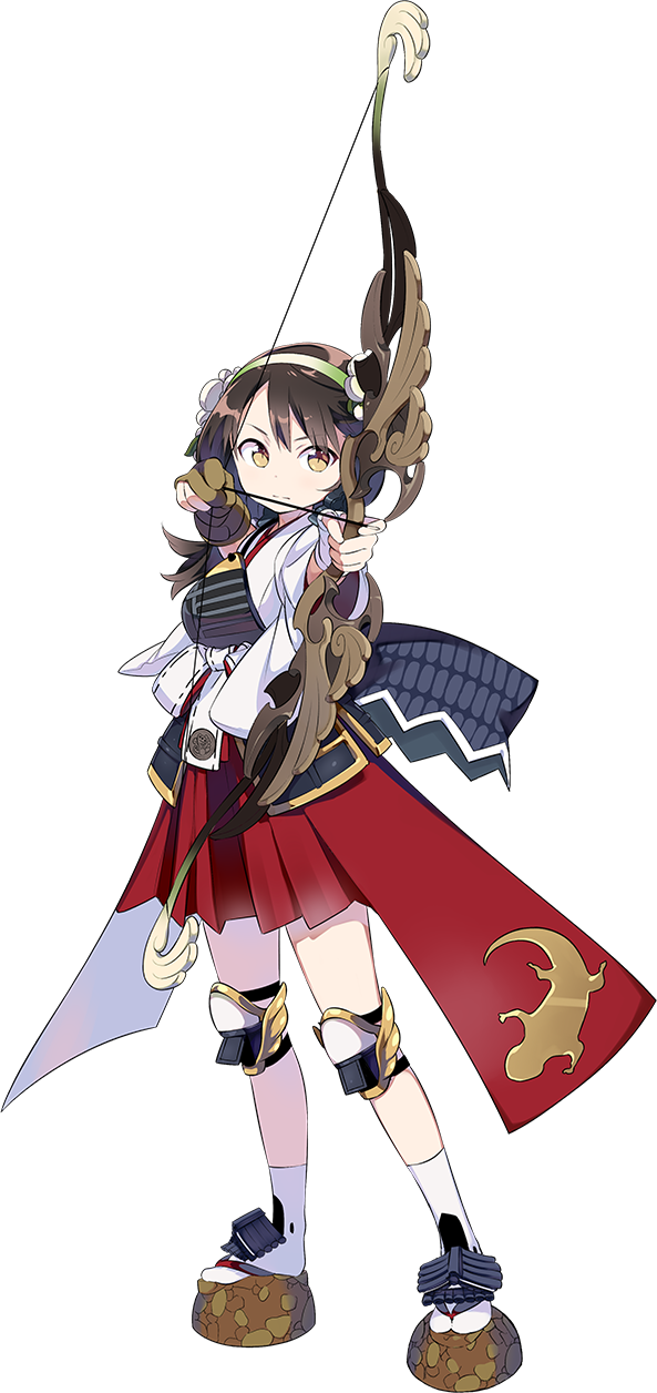 arrow bow_(weapon) breastplate brown_hair flower full_body gloves hair_flower hair_ornament highres holding holding_bow_(weapon) holding_weapon japanese_clothes low_ponytail official_art oshiro_project oshiro_project_re partly_fingerless_gloves red_skirt sama skirt solo tottori_(oshiro_project) transparent_background weapon yellow_eyes yugake