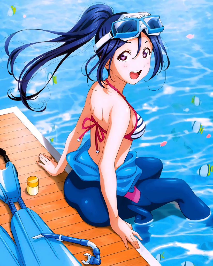 back bare_shoulders bikini bikini_under_clothes blue_hair fish flippers goggles goggles_on_head halter_top halterneck high_ponytail long_hair love_live! love_live!_sunshine!! matsuura_kanan murota_yuuhei official_art open_mouth purple_eyes round_teeth sitting snorkel soaking_feet solo striped striped_bikini swimsuit teeth upper_teeth water wetsuit