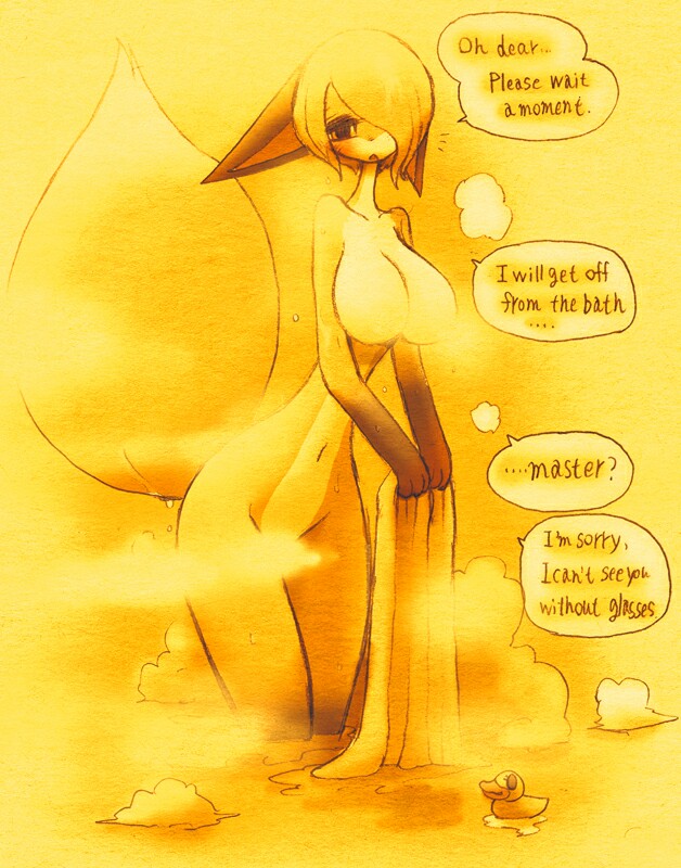 anthro big_breasts breasts canine convenient_censorship dialogue english_text female fox hair hair_over_eye looking_at_viewer mammal nude rubber_duck sho sho_shibamoto speech_bubble steam text towel
