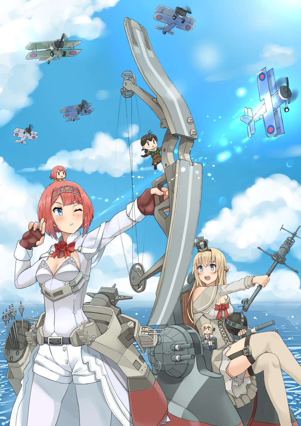 aircraft airplane ark_royal_(kantai_collection) arrow bangs bare_shoulders biplane blonde_hair blue_eyes blunt_bangs bob_cut bow_(weapon) braid brown_gloves cannon cleavage_cutout cloud corset crossed_legs crown day dress fairy_(kantai_collection) fingerless_gloves flight_deck flower french_braid garter_straps globus_cruciger gloves highres holding holding_bow_(weapon) holding_weapon jewelry jpeg_artifacts kantai_collection long_hair long_sleeves machinery md5_mismatch mini_crown minigirl multiple_girls necklace ocean off-shoulder_dress off_shoulder one_eye_closed outdoors pantyhose quiver red_flower red_hair red_ribbon red_rose ribbon rigging rose scepter short_hair shorts size_difference sky soushou_nin thighhighs throne tiara turret warspite_(kantai_collection) weapon white_corset white_dress white_legwear white_shorts