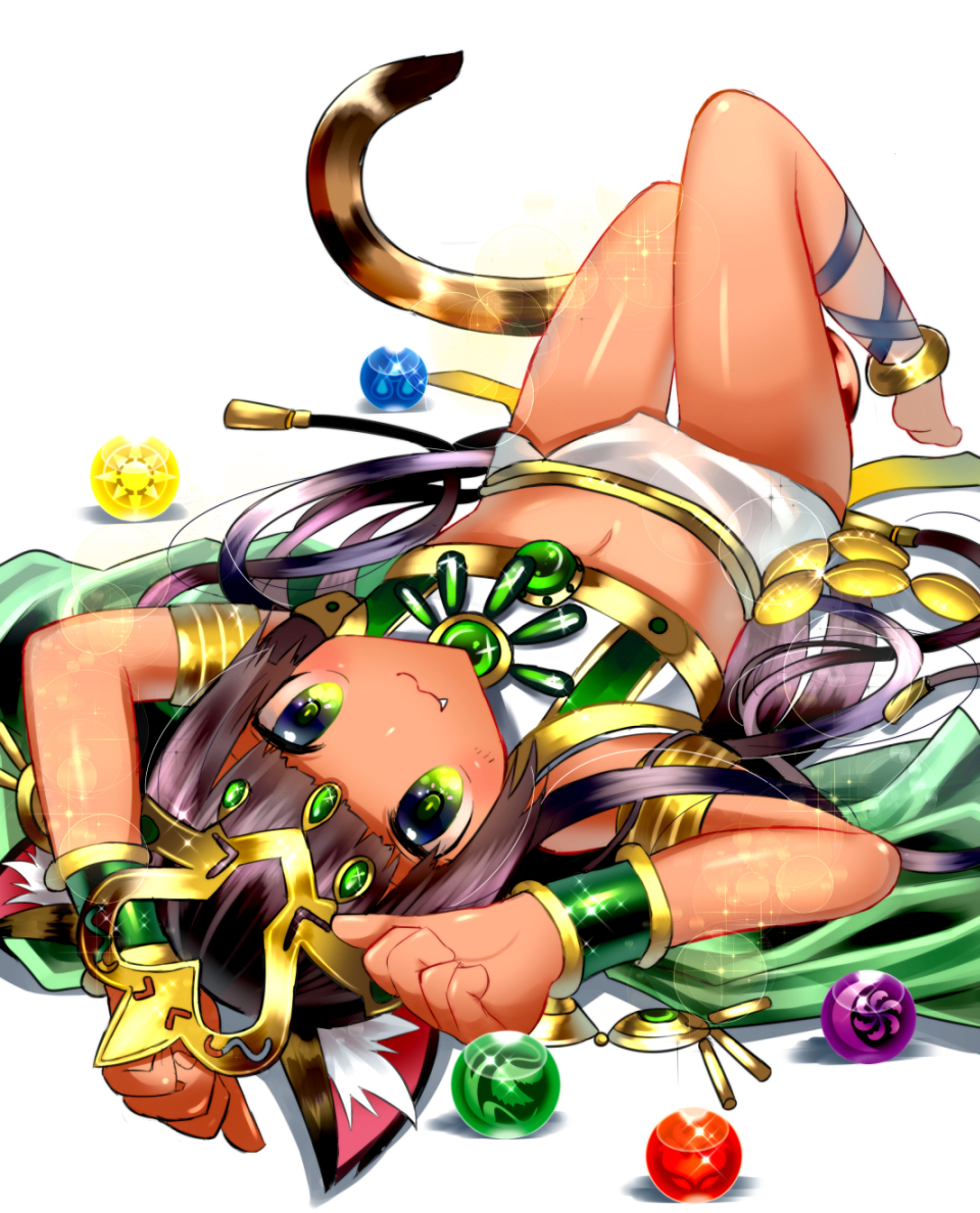 :3 animal_ears anklet bangs barefoot bastet_(p&amp;d) black_hair blunt_bangs blush bracer cat_ears cat_tail dark_skin edel_(edelcat) egyptian fang_out green_eyes hair_ornament headpiece jewelry long_hair looking_at_viewer lying navel on_back orb puzzle_&amp;_dragons revision simple_background skirt solo strapless tail thigh_gap tubetop upside-down white_background white_skirt