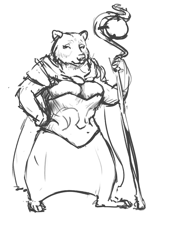 anthro armello armor bear big_breasts black_and_white breasts cape cleavage clothed clothing conqista corset female lingerie mammal monochrome sana_(armello) sketch solo staff