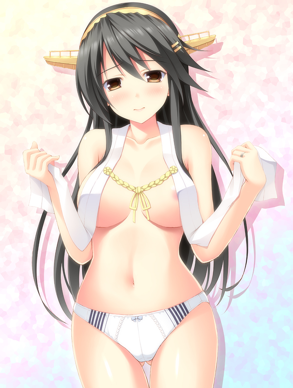 3: aiguillette areola_slip areolae arms_up ass_visible_through_thighs bangs black_hair blush bow bow_panties breasts brown_eyes closed_mouth collarbone commentary_request eyebrows_visible_through_hair hair_ornament hairband hairclip haruna_(kantai_collection) head_tilt headgear highres holding_clothes japanese_clothes jewelry kantai_collection large_breasts long_hair looking_at_viewer navel no_bra nontraditional_miko panties partially_undressed remodel_(kantai_collection) ring shiny shiny_skin solo standing stomach sugii_tsukasa swept_bangs tareme thighs underwear wedding_band white_panties