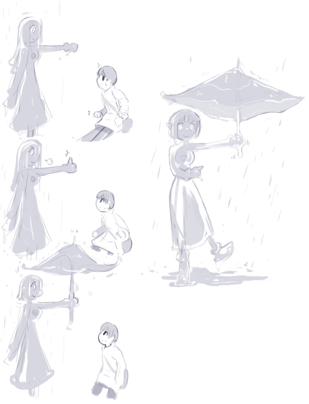 1boy 1girl closed_mouth comic commentary_request core dress goo_girl holding holding_umbrella idon leg_up long_sleeves looking_up monster_girl original outstretched_arm rain raincoat shared_umbrella simple_background smile standing standing_on_one_leg thumbs_up umbrella white_background