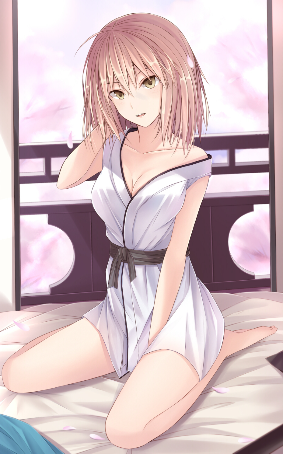 ahoge alternate_hairstyle barefoot black_bow bow breasts cleavage commentary_request fate/grand_order fate_(series) highres indoors japanese_clothes kanpyou_(hghgkenfany) kimono koha-ace looking_at_viewer medium_breasts okita_souji_(fate) okita_souji_(fate)_(all) short_kimono sitting sleeveless sleeveless_kimono solo wariza white_kimono