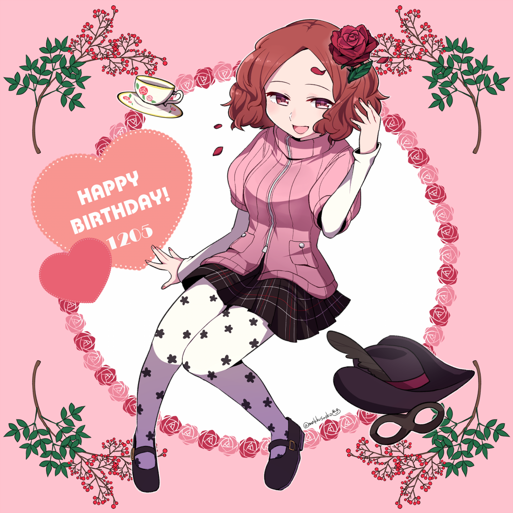 :d birthday brown_eyes brown_hair commentary_request cup do_m_kaeru domino_mask floral_print flower hair_flower hair_ornament hat hat_feather heart mary_janes mask okumura_haru open_mouth pantyhose persona persona_5 pink_sweater plaid plaid_skirt ribbed_sweater rose saucer shoes short_hair shuujin_academy_uniform skirt smile sweater teacup twitter_username white_legwear