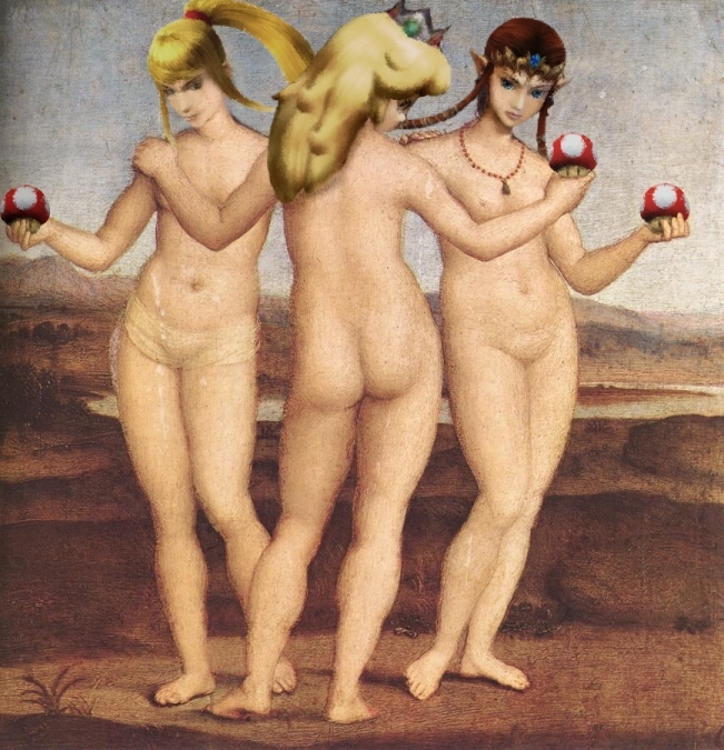 3girls art ass female fine_art_parody grendelnaurlughir legend_of_zelda mario_(series) metroid multiple_girls mushroom nintendo nude outdoors parody photoshop princess_peach princess_zelda raphael raphael_(artist) samus_aran sky super_mario super_mario_bros. super_smash_bros. the_legend_of_zelda three_graces