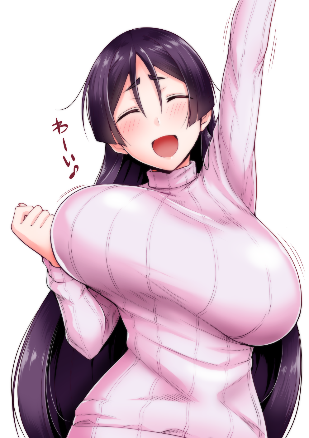 :d ^_^ ^o^ alternate_costume arm_up bangs blush bouncing_breasts breasts casual closed_eyes eighth_note facing_viewer fate/grand_order fate_(series) hair_between_eyes happy highres kanno_takanori large_breasts long_hair long_sleeves minamoto_no_raikou_(fate/grand_order) motion_lines musical_note open_mouth parted_bangs pink_sweater purple_hair short_eyebrows simple_background smile solo straight_hair sweater translation_request unaligned_breasts upper_body very_long_hair white_background