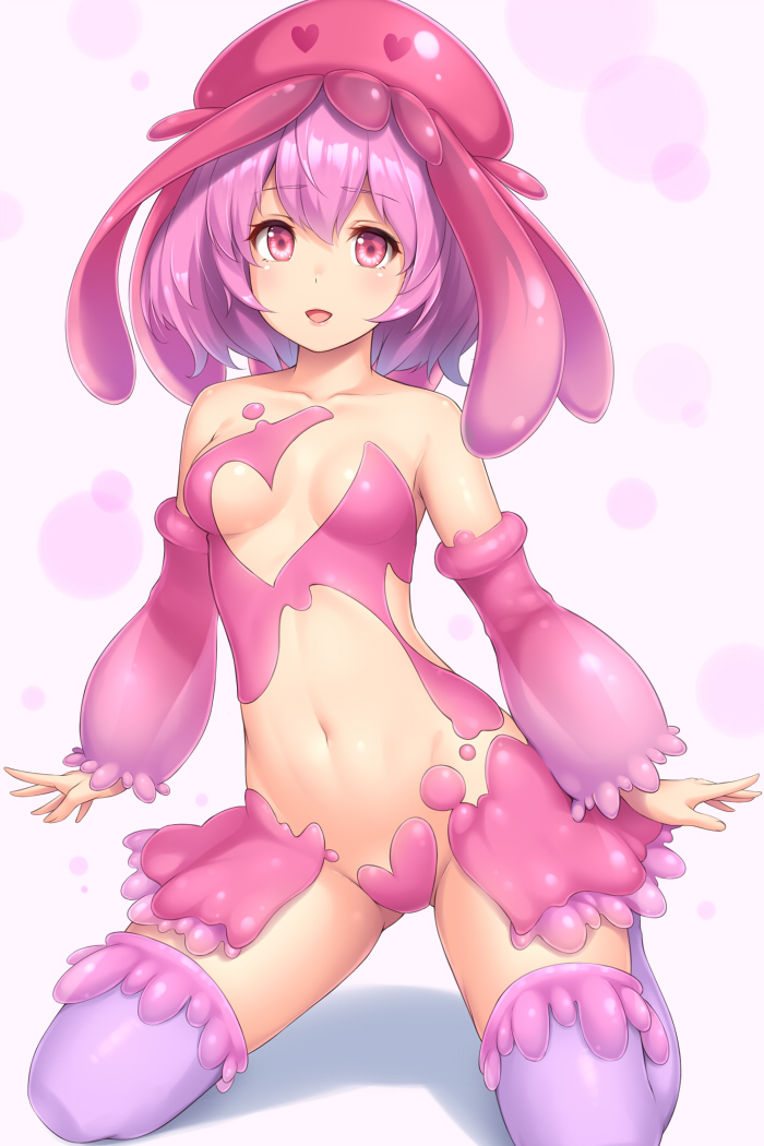 :d arms_at_sides bangs bare_shoulders blush breasts collarbone detached_sleeves groin hat heart jellyfish kneeling long_sleeves looking_at_viewer medium_breasts navel open_mouth original pink_eyes pink_hair purple_legwear revealing_clothes sasaame short_hair smile solo stomach thighhighs