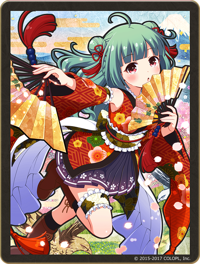 ahoge alternate_hairstyle battle_girl_high_school blush commentary_request double_bun fan green_hair hair_ornament japanese_clothes kimono looking_at_viewer medium_hair official_art red_eyes sadone solo