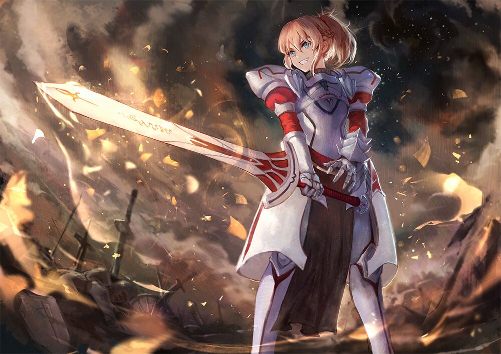 :d armor bangs battlefield blonde_hair blurry braid breastplate clarent cloud cloudy_sky corpse depth_of_field fate/apocrypha fate/grand_order fate_(series) faulds feet_out_of_frame fire flaming_sword french_braid from_below full_armor gauntlets green_eyes hair_between_eyes holding holding_sword holding_weapon knight legs_apart loincloth long_hair looking_away looking_to_the_side mordred_(fate) mordred_(fate)_(all) open_mouth outdoors parted_lips planted_sword planted_weapon ponytail revision shield short_hair shoulder_armor sishenfan sky smile solo_focus spaulders standing sword teeth v-shaped_eyebrows vambraces weapon