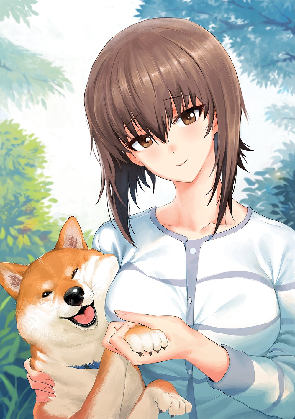animal bangs blush breast_press breasts brown_eyes brown_hair closed_mouth collarbone commentary_request dog eyebrows_visible_through_hair fingernails girls_und_panzer hair_between_eyes head_tilt highres holding_paw ladic long_sleeves looking_at_viewer medium_breasts nishizumi_maho shiba_inu shirt short_hair smile solo striped striped_shirt t-shirt tree tsurime upper_body whiskers white_shirt