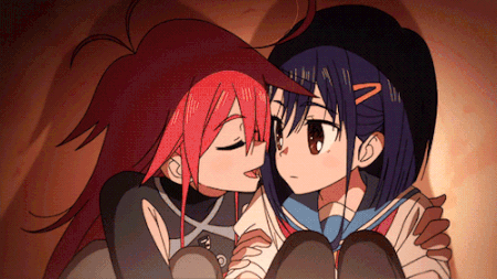 2girls angry animated animated_gif blue_hair canon flip_flappers incipient_kiss kokomine_cocona looking_at_another multiple_girls official papika_(flip_flappers) push red_hair school_uniform shove uniform yuri