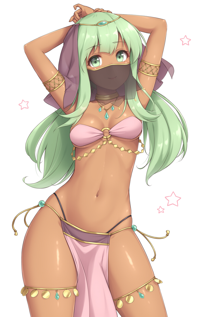 arabian_clothes armlet arms_behind_head arms_up bandeau bare_shoulders black_panties body_chain breasts choker circlet contrapposto cowboy_shot dancer dark_skin eyebrows_visible_through_hair gold_trim green_eyes green_hair hands_together harem_outfit highleg highleg_panties jewelry long_hair looking_at_viewer midriff navel o-ring o-ring_top original panties pantylines pelvic_curtain pink_bandeau sasaame simple_background slender_waist small_breasts smile solo standing thigh_strap thong underwear veil white_background