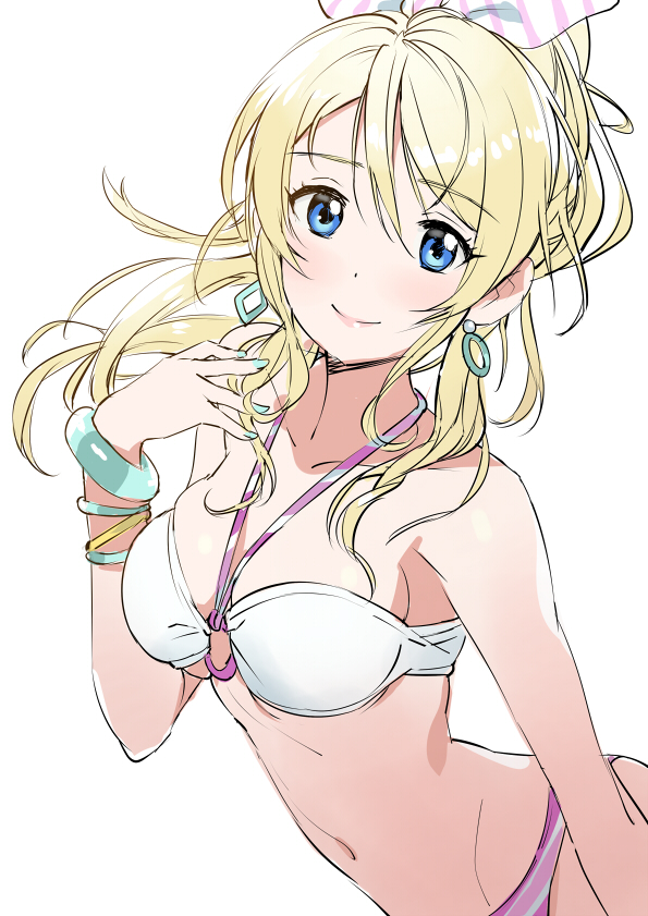 alternate_costume aqua_nails ayase_eli bangle bare_shoulders bikini blonde_hair blue_eyes bracelet breasts collarbone commentary_request earrings eyebrows_visible_through_hair hair_ribbon jewelry long_hair looking_at_viewer love_live! love_live!_school_idol_project matsuda_(matsukichi) medium_breasts nail_polish navel o-ring o-ring_bikini o-ring_top ponytail ribbon simple_background smile solo striped striped_ribbon swimsuit white_background white_bikini