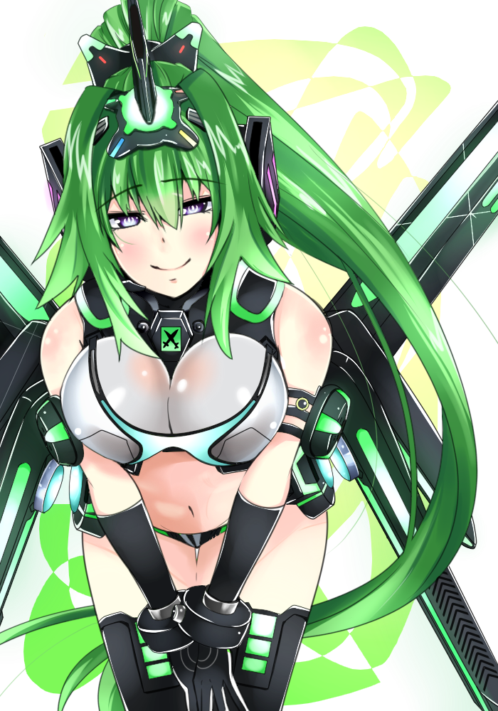 armband bangs bare_shoulders bent_over black_gloves black_legwear blush body_blush breasts bright_pupils closed_mouth cowboy_shot crop_top elbow_gloves gloves green_hair green_heart groin hair_between_eyes hair_intakes headgear high_ponytail horn large_breasts long_hair looking_at_viewer mecha_musume mechanical_wings neptune_(series) next_green panties ponytail power_symbol shin_jigen_game_neptune_vii shiny shiny_hair smile solo standing stomach thigh_gap thighhighs underwear very_long_hair warabi_mochi_(ehimedaisuki) white_pupils wings