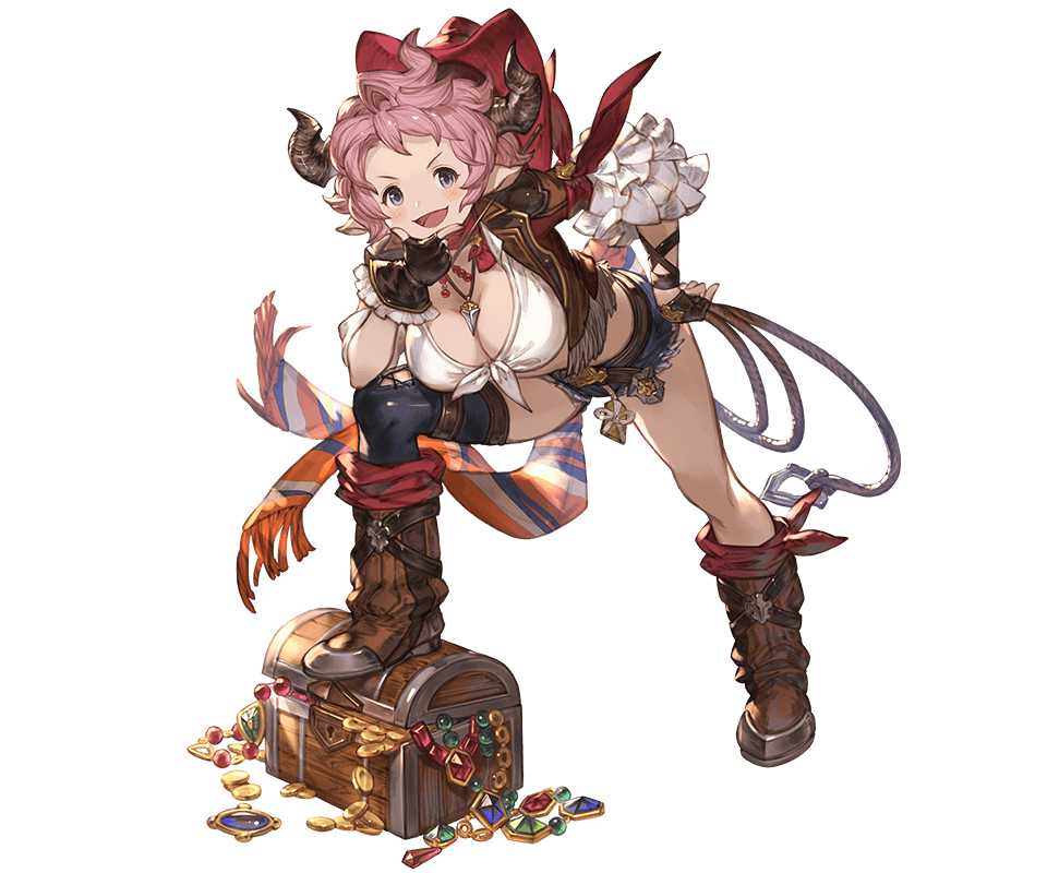 &gt;:) blue_eyes blush boots breasts cleavage cowboy_hat draph fingerless_gloves frills front-tie_top full_body gem gloves gold granblue_fantasy hand_on_hip hand_on_own_chin hat horns jewelry karva_(granblue_fantasy) knee_boots large_breasts leaning_forward looking_at_viewer midriff minaba_hideo necklace official_art open_mouth pink_hair pointy_ears short_hair shorts single_thighhigh smile solo striped thighhighs transparent_background treasure treasure_chest v-shaped_eyebrows vertical_stripes weapon whip